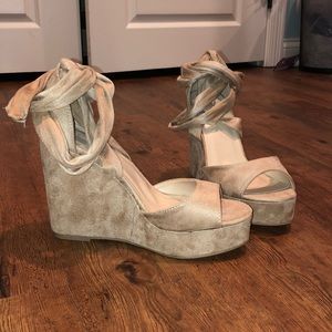 Beige faux suede tie up platform wedges